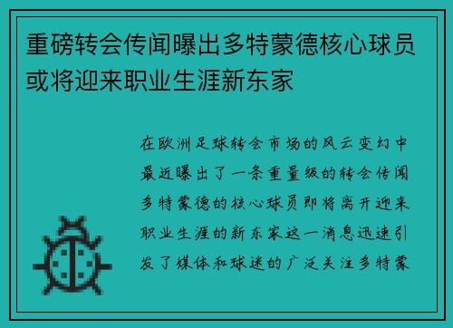 重磅转会传闻曝出多特蒙德核心球员或将迎来职业生涯新东家